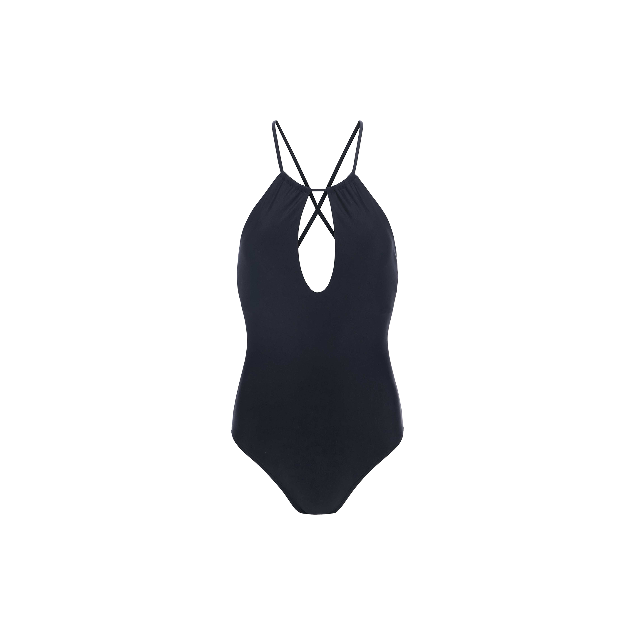 The Belle Keyhole One-Piece is a black swimsuit with a plunging keyhole detail, deep V neckline, and thin crisscross straps at the back, shown against a plain white background.