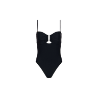 The Emelia Bandeau One-Piece Swimsuit is a black swimsuit designed with thin shoulder straps, a ruched bust, and a small keyhole cutout below the bust. Made from four-way stretch nylon for optimal comfort and flexibility, this one-piece features a flattering high-leg cut and is displayed on a plain white background.