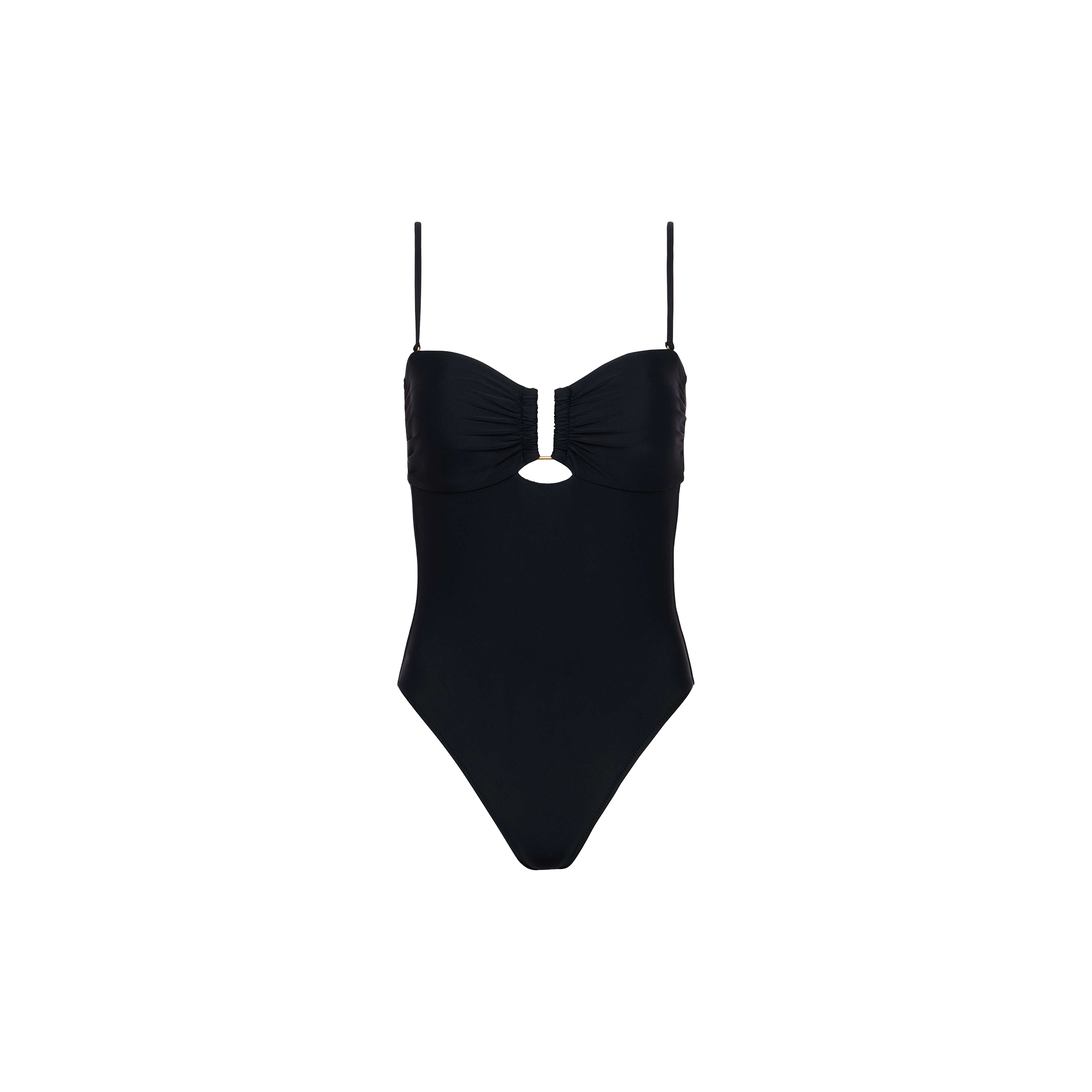 The Emelia Bandeau One-Piece Swimsuit is a black swimsuit designed with thin shoulder straps, a ruched bust, and a small keyhole cutout below the bust. Made from four-way stretch nylon for optimal comfort and flexibility, this one-piece features a flattering high-leg cut and is displayed on a plain white background.