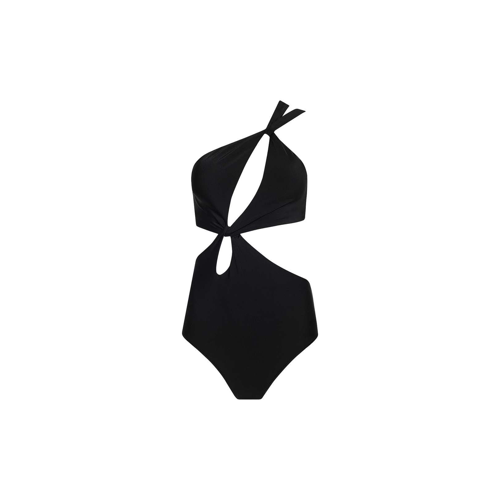 The Camilla Monokini is a black, one-shoulder swimsuit with an asymmetrical design, featuring two front cutouts and a single twisted strap that crosses over one shoulder.