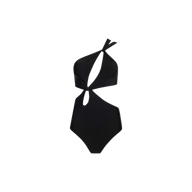 The Camilla Monokini is a black, one-shoulder swimsuit with an asymmetrical design, featuring two front cutouts and a single twisted strap that crosses over one shoulder.