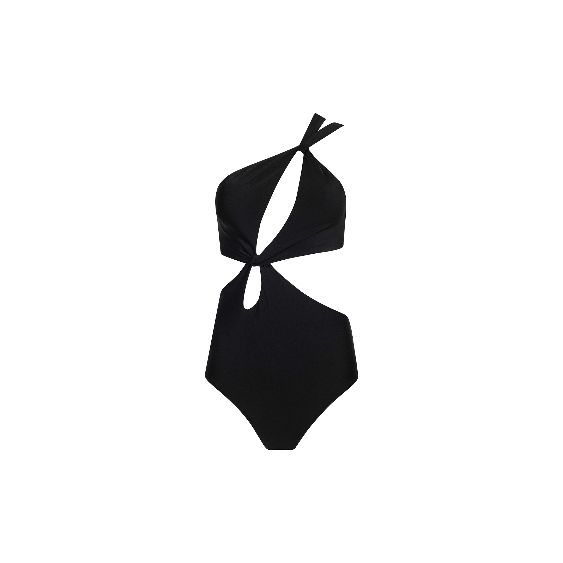 The Camilla Monokini is a black, one-shoulder swimsuit with an asymmetrical design, featuring two front cutouts and a single twisted strap that crosses over one shoulder.