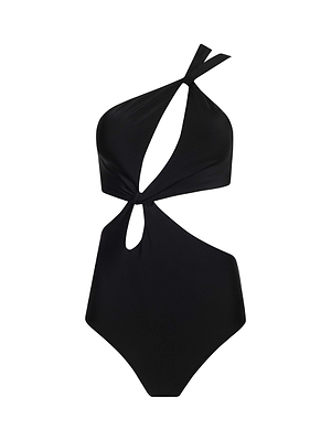 The Camilla Monokini is a black one-shoulder swimsuit with an asymmetrical design, front cutouts, a twisted strap detail, and high-cut legs for a bold silhouette.