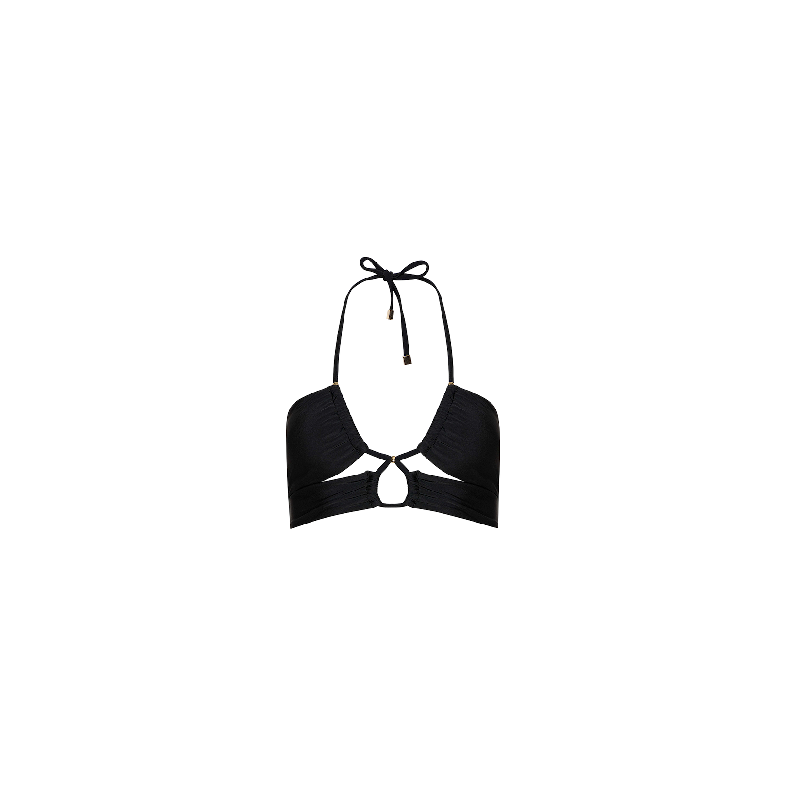 Sirena Halter Bikini Top in black, featuring a bohemian halter-neck design with ruched cups, a central cut-out, gold hardware accents, and a tie closure at the neck, shown against a plain white background.