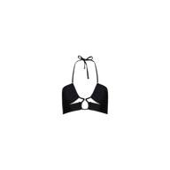 Sirena Halter Bikini Top in black, featuring ruched cups, a center keyhole cutout, and a thin tie at the neck, shown against a plain white background.
