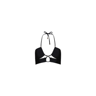 Sirena Halter Bikini Top in black, featuring a bohemian halter-neck design with ruched cups, a central cut-out, gold hardware accents, and a tie closure at the neck, shown against a plain white background.