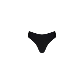 Centered on a white background is the Gianna Brazilian Bikini Bottom, a plain black thong-style underwear with a cheeky cut.