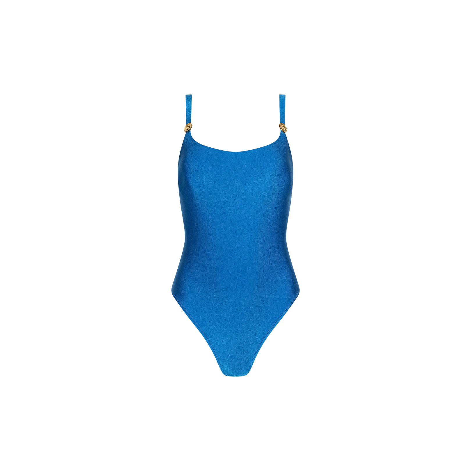 The Remi One-Piece Swimsuit is a blue shimmer maillot with thin, adjustable straps and gold accents on each side. Featuring a high-leg cut and a simple, sleek design, this swimsuit is displayed on a plain white background.