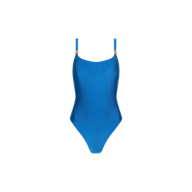 The Remi One-Piece Swimsuit features a vibrant blue hue, thin adjustable straps, gold ring accents at the front, and a flattering high-leg cut, shown against a plain white background.