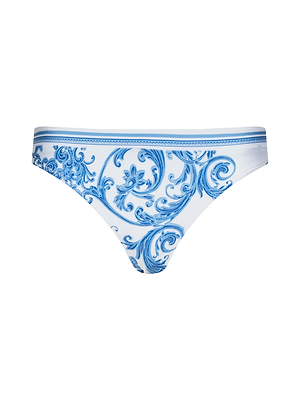 The Nicole Bikini Bottom is a white, bikini-style underwear with moderate coverage, showcasing a blue baroque floral and swirl print on four-way stretch nylon fabric.