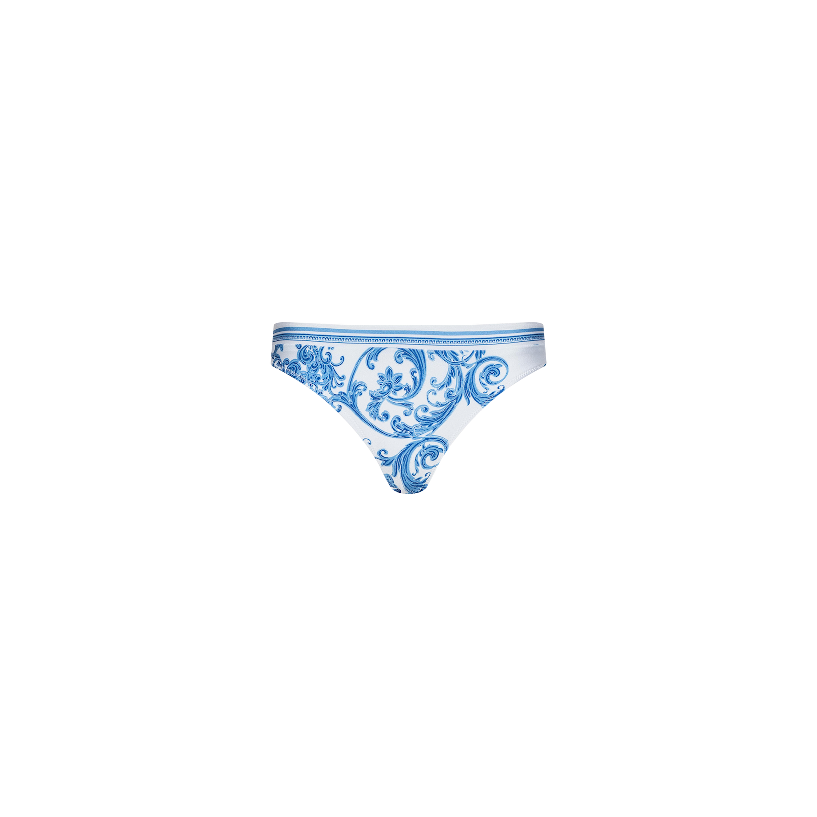 The Nicole Bikini Bottom is a pair of white bikini bottoms adorned with a blue baroque swirl print, crafted from four-way stretch nylon for comfort and moderate coverage, displayed on a plain white background.