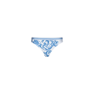 Nicole Bikini Bottom featuring an intricate blue floral and swirl baroque print on white, crafted from four-way stretch nylon for moderate coverage, displayed against a plain white background.