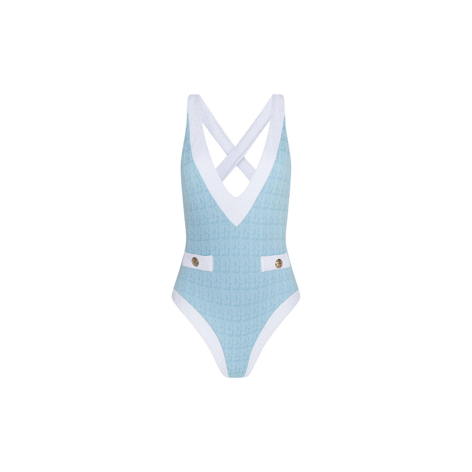 The Lisa Plunge One-Piece Swimsuit, shown on a plain white background, is crafted from bouclé swim fabric in powder blue with white trim. It features crisscross straps, a deep V neckline, and two decorative white tabs with gold buttons at the waist.
