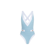 Introducing the Lisa Plunge One-Piece Swimsuit in powder blue, designed from bouclé swim fabric with a flattering deep V-neckline. This swimsuit features elegant white trim, crisscross straps at the back, and decorative white panels with gold buttons accentuating the waist for a sophisticated touch.