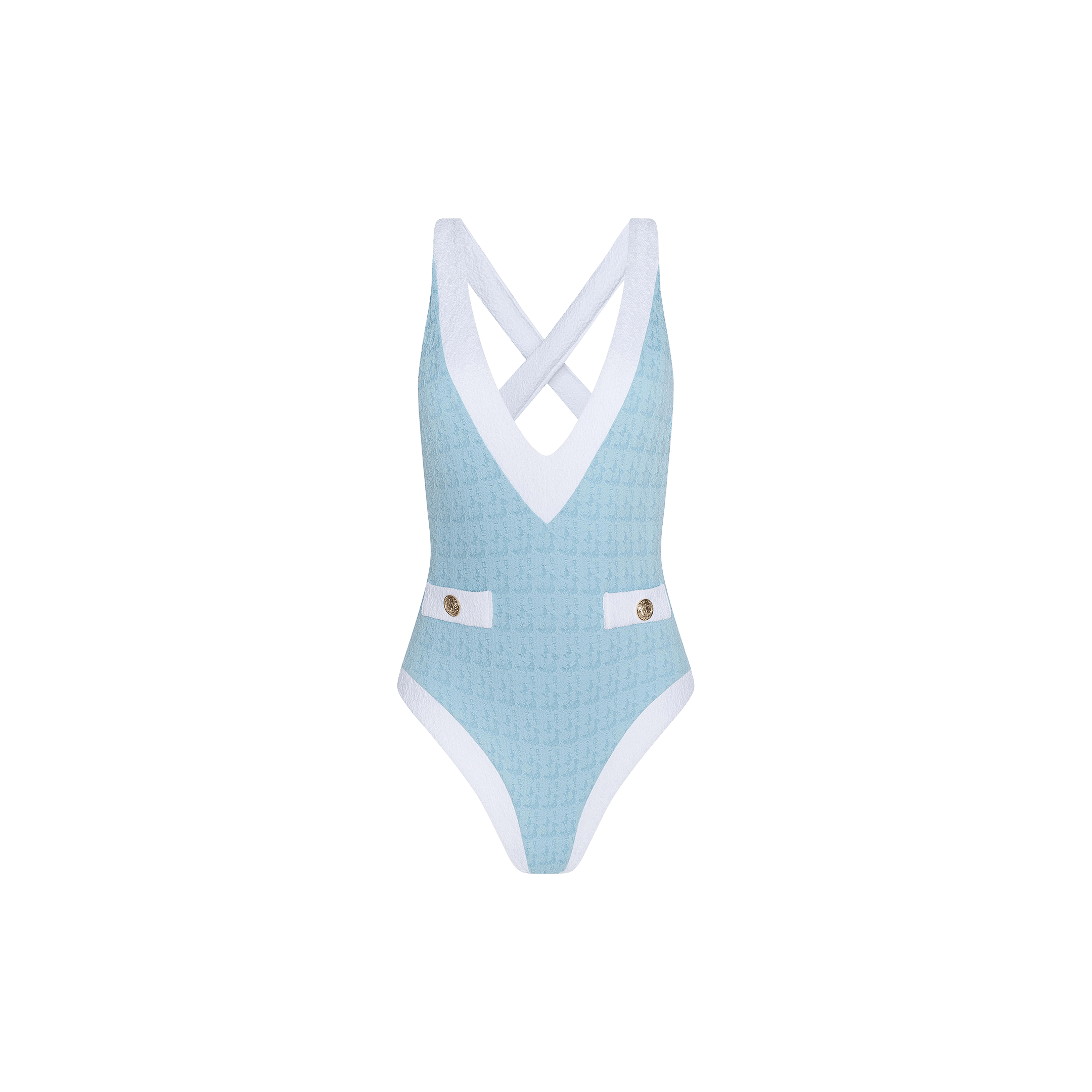 Introducing the Lisa Plunge One-Piece Swimsuit in powder blue, designed from bouclé swim fabric with a flattering deep V-neckline. This swimsuit features elegant white trim, crisscross straps at the back, and decorative white panels with gold buttons accentuating the waist for a sophisticated touch.