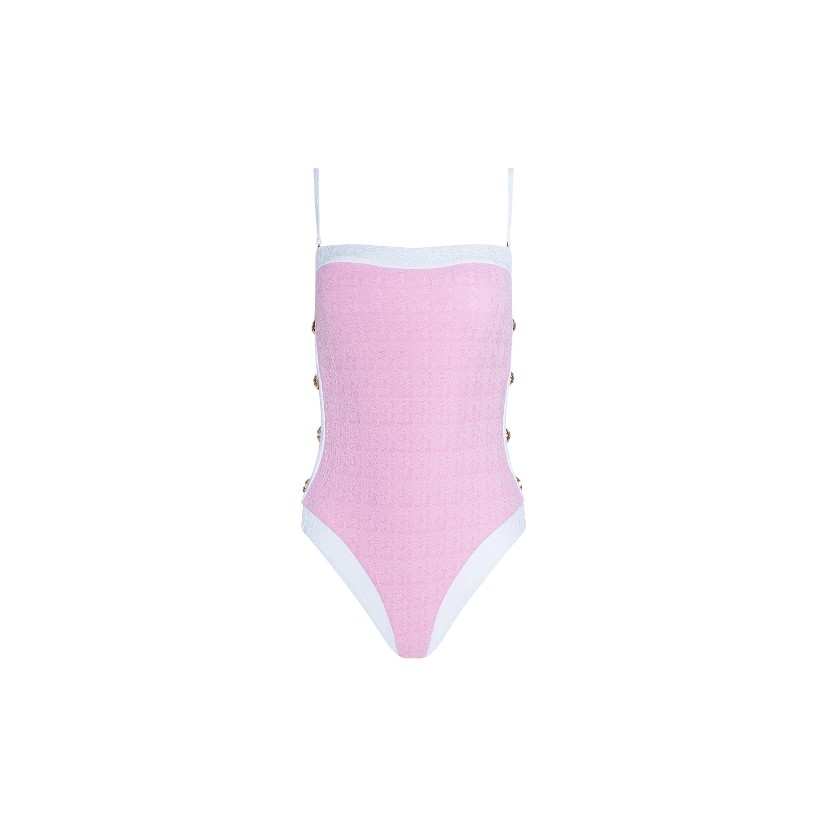 The Tory Bandeau One-Piece Swimsuit is a pink one-piece featuring thin white shoulder straps and white trim. Metallic button details decorate the sides, while textured bouclé fabric adds interest throughout. The swimsuit is photographed against a plain white background.