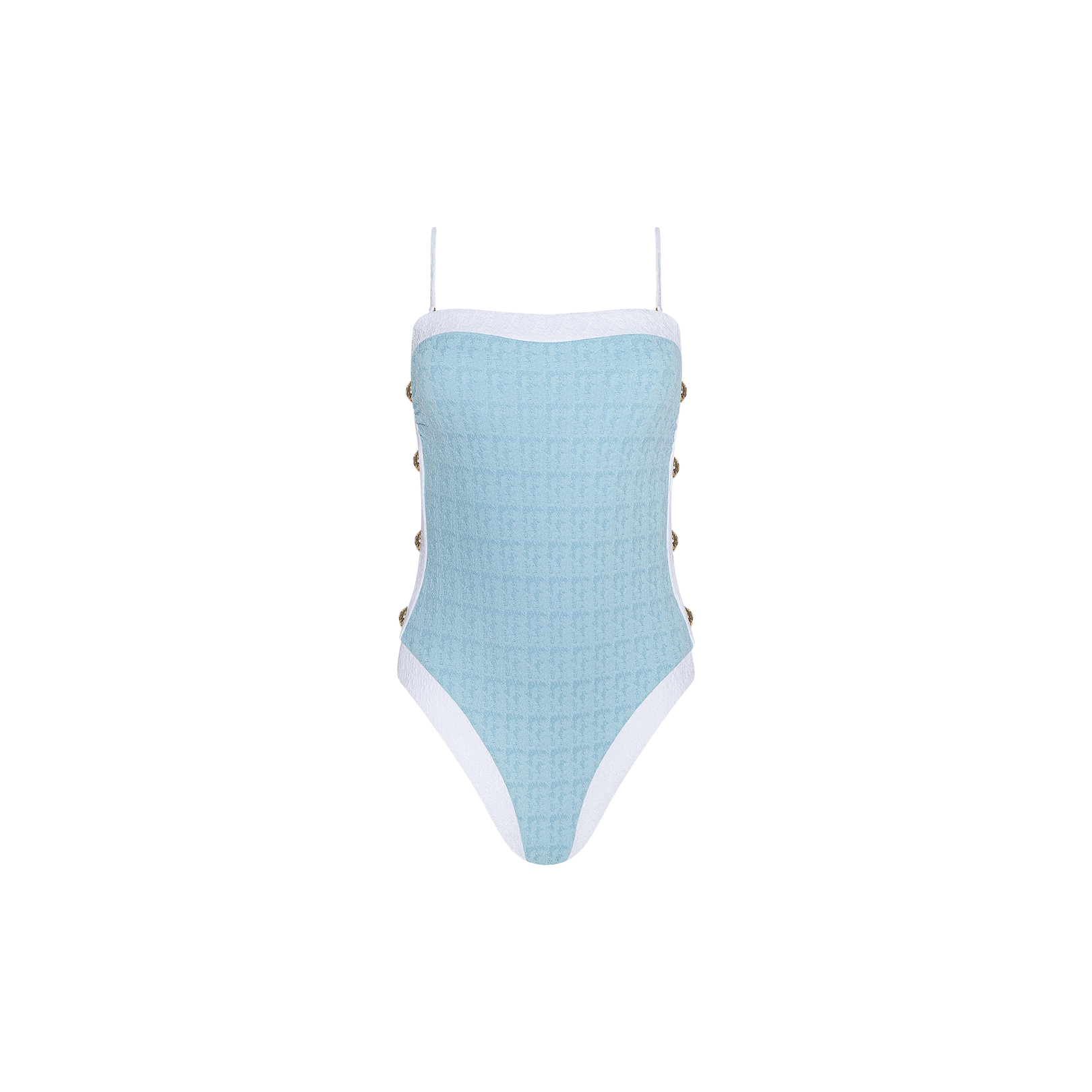 The Tory Bandeau One-Piece Swimsuit features a light blue textured bouclé fabric with white trim, thin adjustable straps, and side button details, displayed against a plain white background.