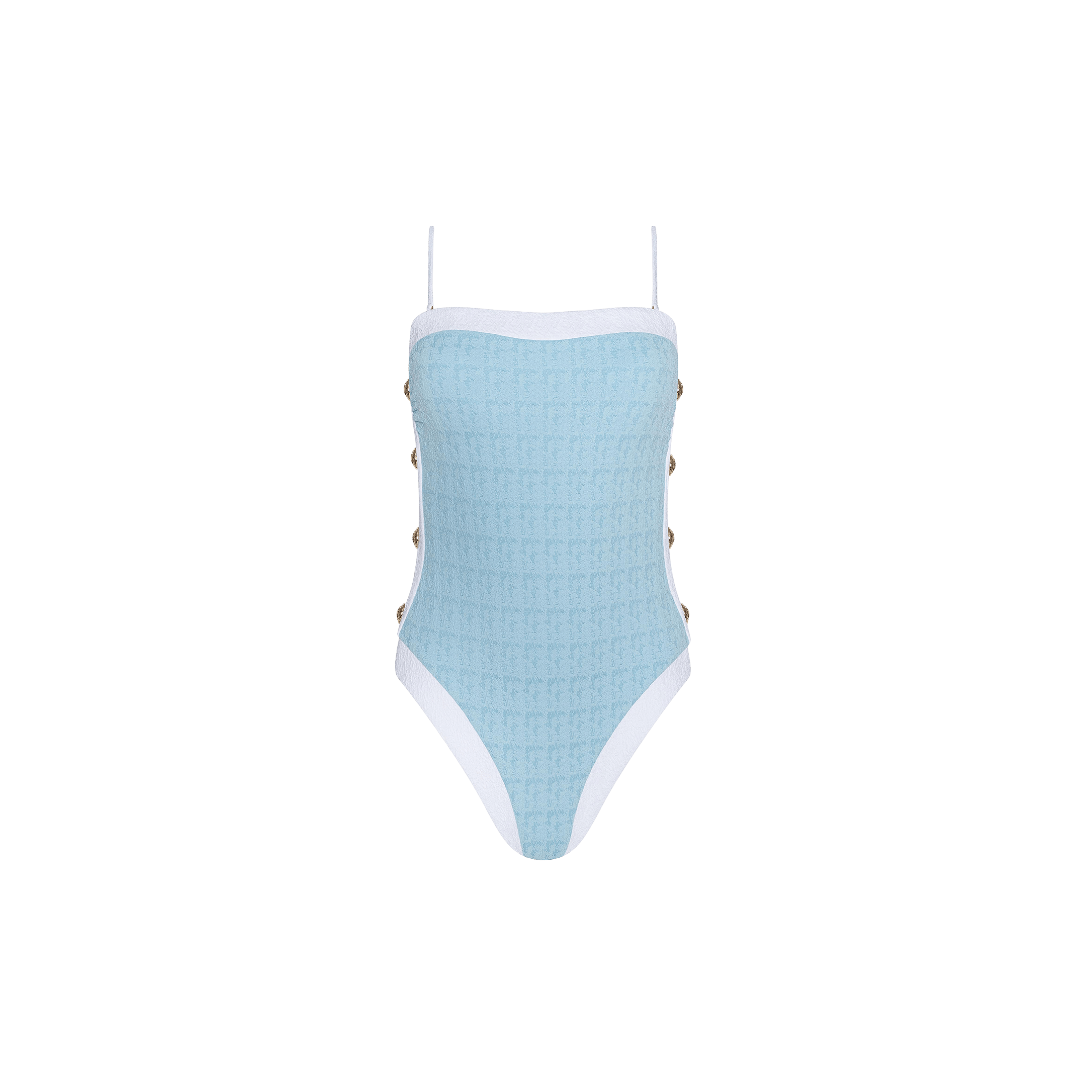 The Tory Bandeau One-Piece Swimsuit features a light blue textured bouclé fabric with white trim, thin adjustable straps, and side button details, displayed against a plain white background.