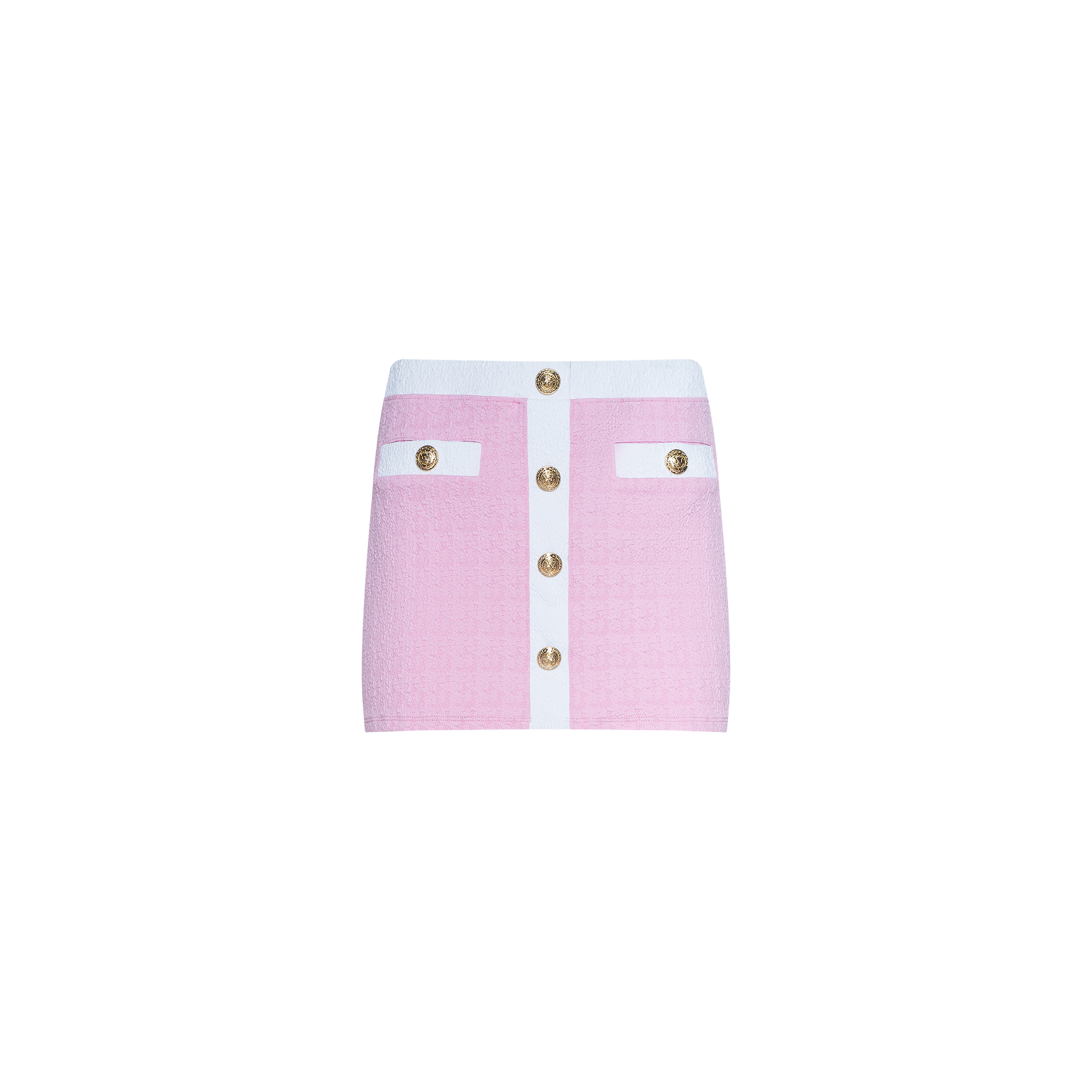 The Coco Mini Skirt Cover-Up is a pink and white bouclé mini skirt featuring gold buttons down the front and two decorative pockets, showcased against a plain white background.