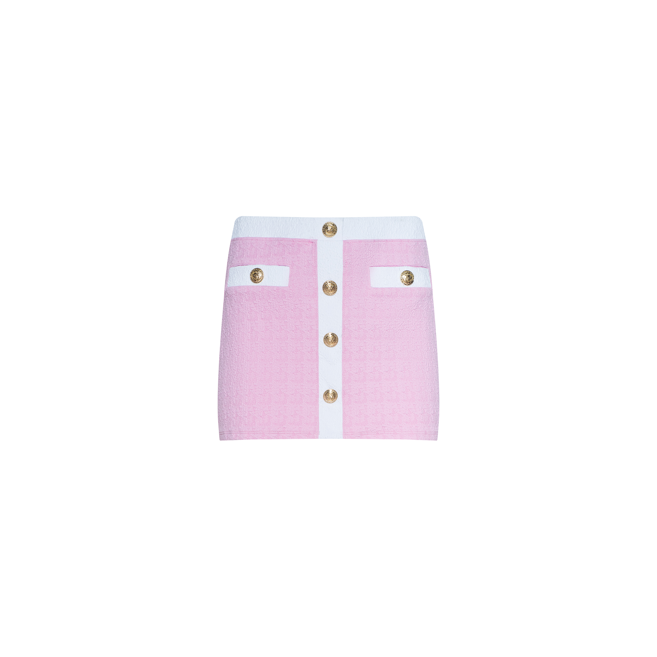 The Coco Mini Skirt Cover-Up is a pink and white bouclé mini skirt featuring gold buttons down the front and two decorative pockets, showcased against a plain white background.