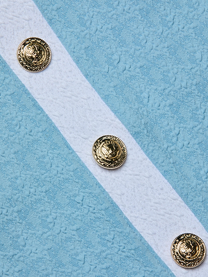 The Coco Mini Skirt Cover-Up features powder blue textured fabric with a diagonal white stripe and three embossed gold buttons, making it an elegant bikini cover-up for poolside days.