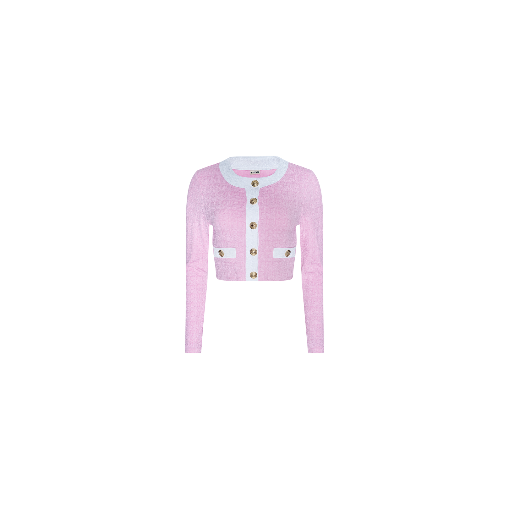 The Adaline Cardigan Cover-Up is a cropped pink cardigan featuring long sleeves, large gold buttons, white trim along the collar and front, and two front pockets accented with white trim. Crafted from textured bouclé fabric, it is displayed against a plain white background.
