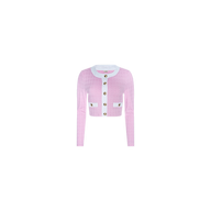 The Adaline Cardigan Cover-Up is a cropped pink cardigan featuring long sleeves, large gold buttons, white trim along the collar and front, and two front pockets accented with white trim. Crafted from textured bouclé fabric, it is displayed against a plain white background.