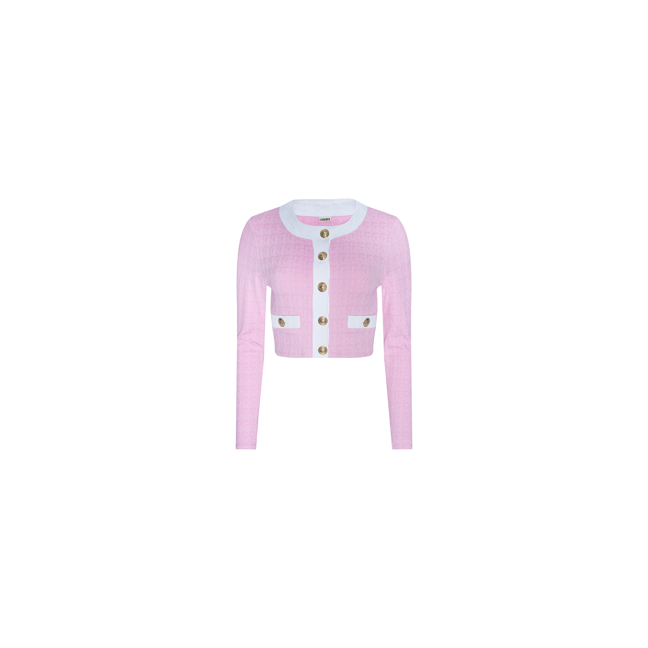 The Adaline Cardigan Cover-Up is a cropped pink cardigan featuring long sleeves, large gold buttons, white trim along the collar and front, and two front pockets accented with white trim. Crafted from textured bouclé fabric, it is displayed against a plain white background.