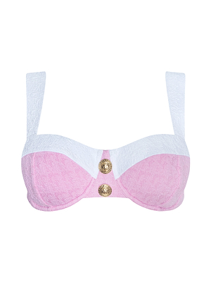 The Alexandria Bikini Top is a pink and white textured bouclé balconette style featuring wide straps and two decorative gold buttons at the center front.