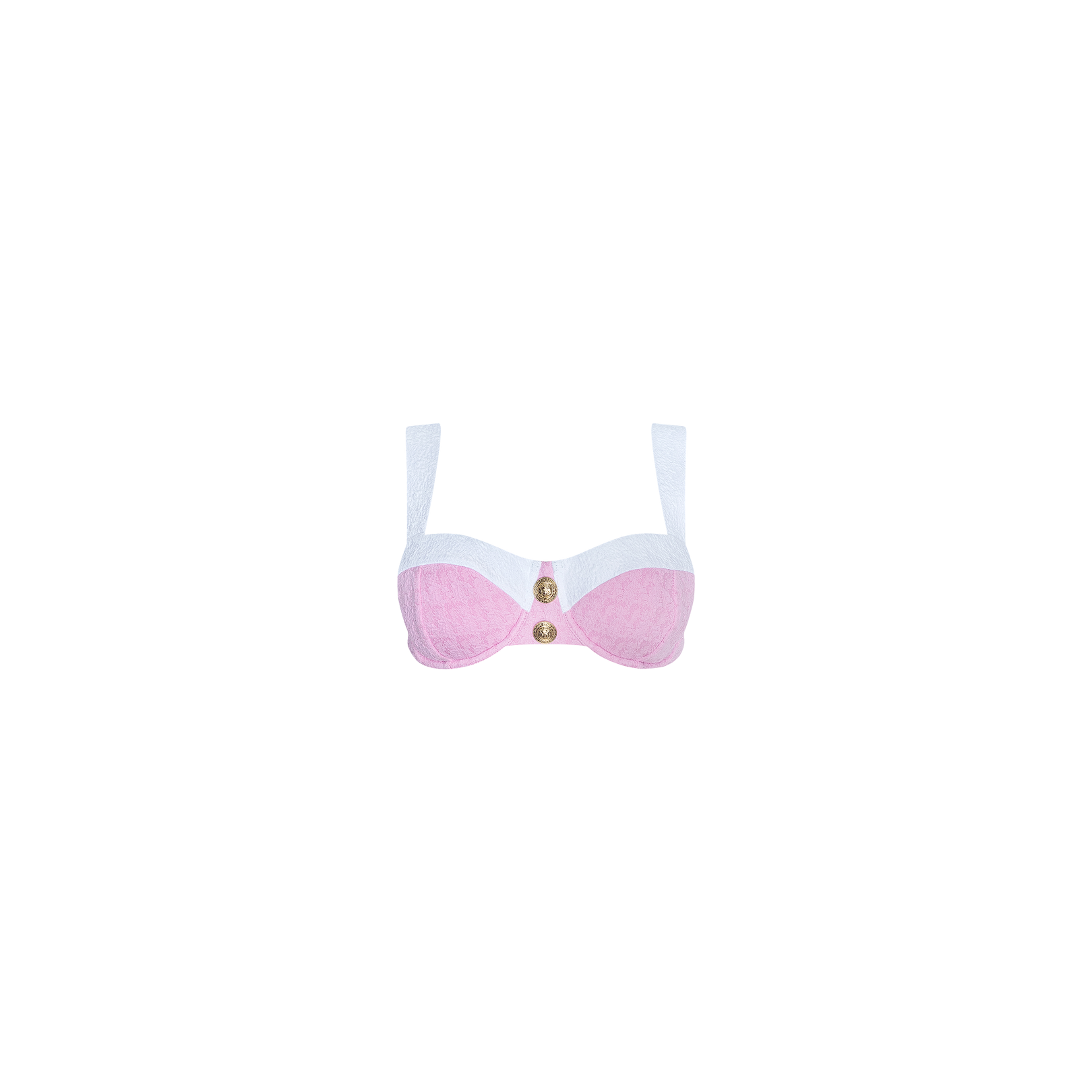 The Alexandria Bikini Top is a light pink and white balconette style featuring wide straps and two gold button accents on the front, crafted from textured bouclé fabric and shown against a plain white background.