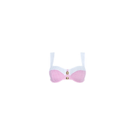The Alexandria Bikini Top is a light pink and white balconette style featuring wide straps and two gold button accents on the front, crafted from textured bouclé fabric and shown against a plain white background.