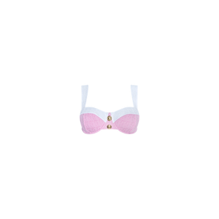 The Alexandria Bikini Top is a light pink and white balconette style featuring wide straps and two gold button accents on the front, crafted from textured bouclé fabric and shown against a plain white background.