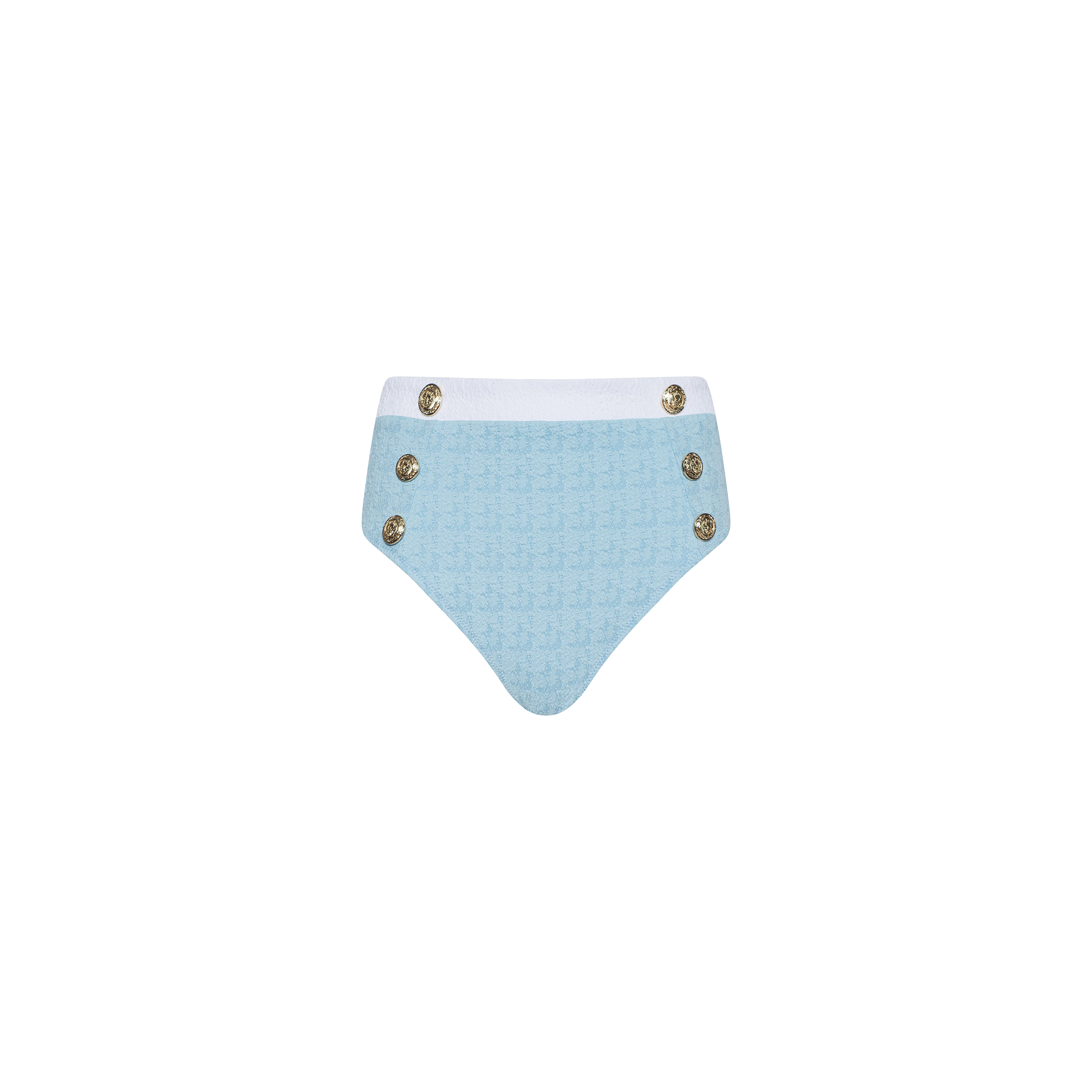 The Vanessa High-Waisted Bikini Bottom is crafted from bouclé swim fabric in light blue, featuring a supportive high-waisted fit, a white waistband, and four decorative gold buttons on the front. It offers moderate coverage and is displayed on a plain white background.