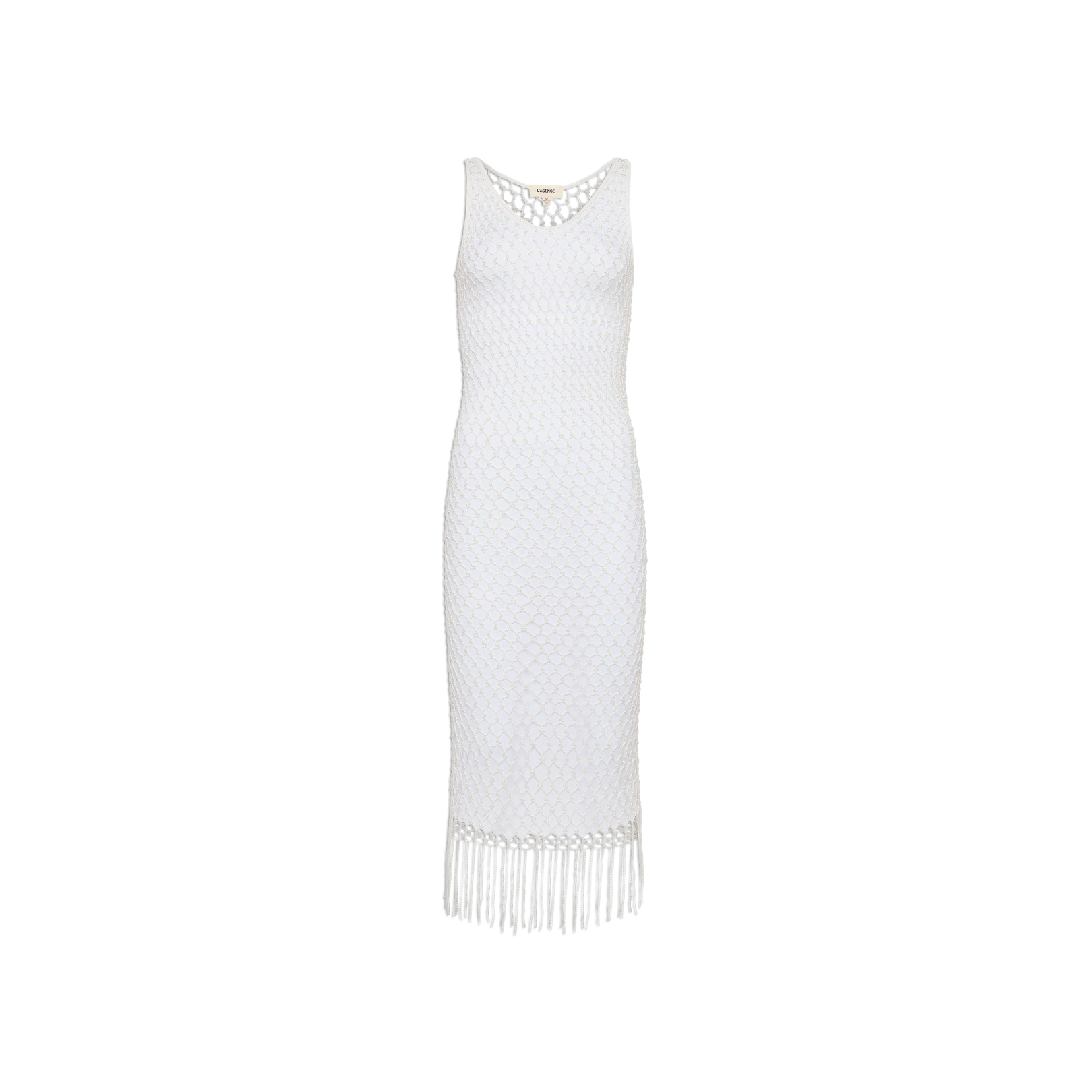 The Angela Crochet Cover-Up Dress is a sleeveless white dress with a fitted silhouette, showcasing a diamond-patterned crochet texture and a fringe hem. It features a scoop neckline and falls to mid-calf length.