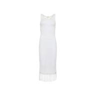 The Angela Crochet Cover-Up Dress is a sleeveless white dress with a fitted silhouette, showcasing a diamond-patterned crochet texture and a fringe hem. It features a scoop neckline and falls to mid-calf length.