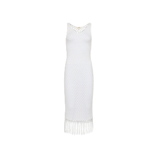 The Angela Crochet Cover-Up Dress is a sleeveless white knit dress featuring a scoop neckline and fringe hem, designed as a stylish crochet cover-up, shown against a plain white background.