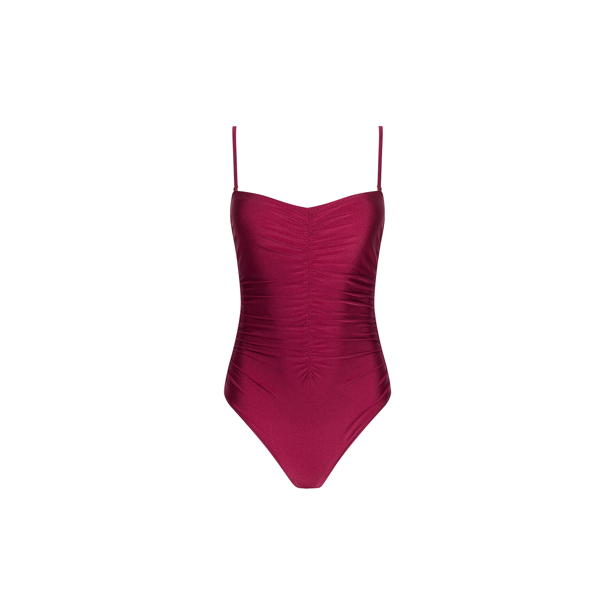 The Aubrey Ruched One-Piece Swimsuit, shown against a plain white background, is crafted from four-way stretch nylon in burgundy and features thin spaghetti straps along with textured shirring down the front.