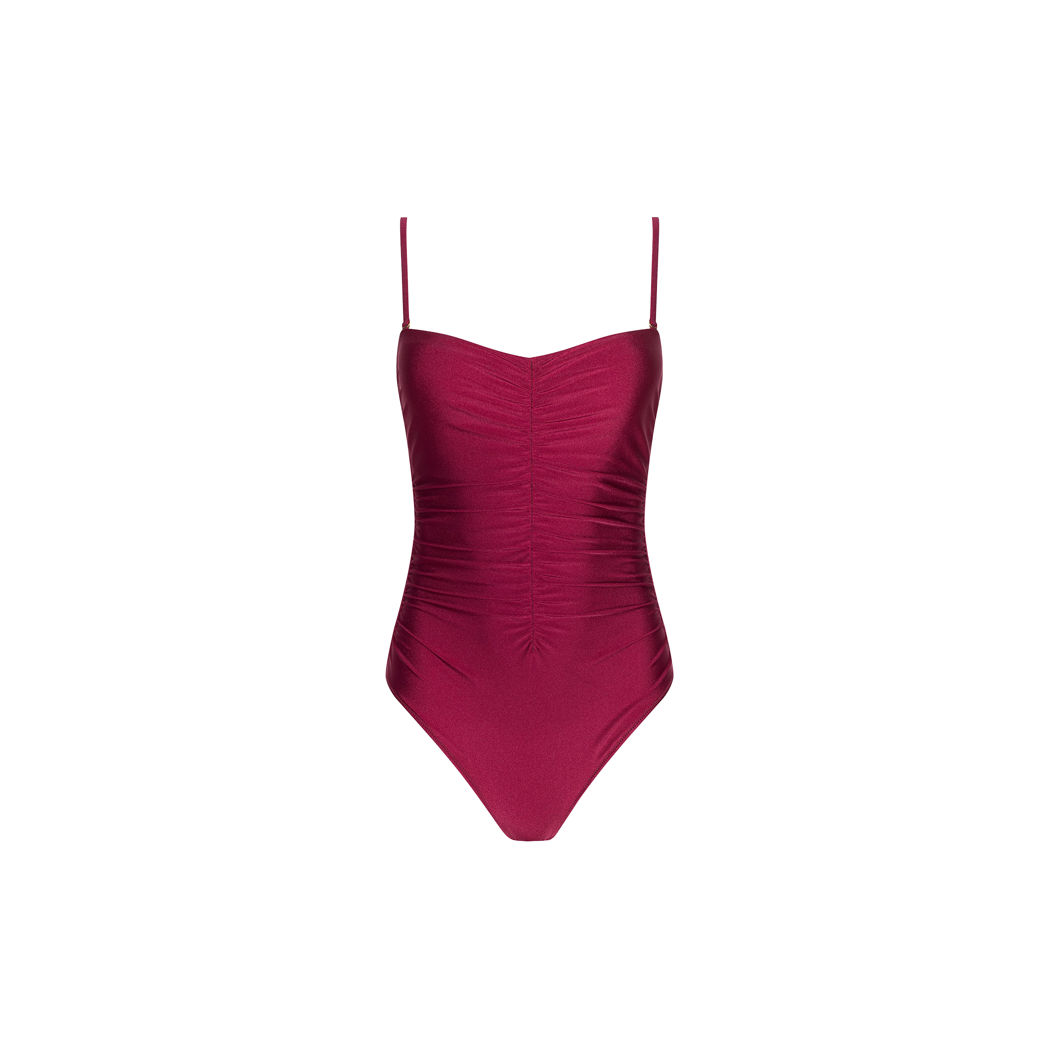 The Aubrey Ruched One-Piece Swimsuit, shown against a plain white background, is crafted from four-way stretch nylon in burgundy and features thin spaghetti straps along with textured shirring down the front.