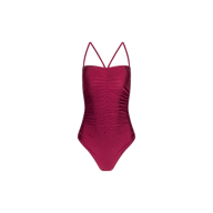 The Aubrey Ruched One-Piece Swimsuit in dark pink features thin shoulder straps and textured shirring down the center front, displayed on a plain white background.