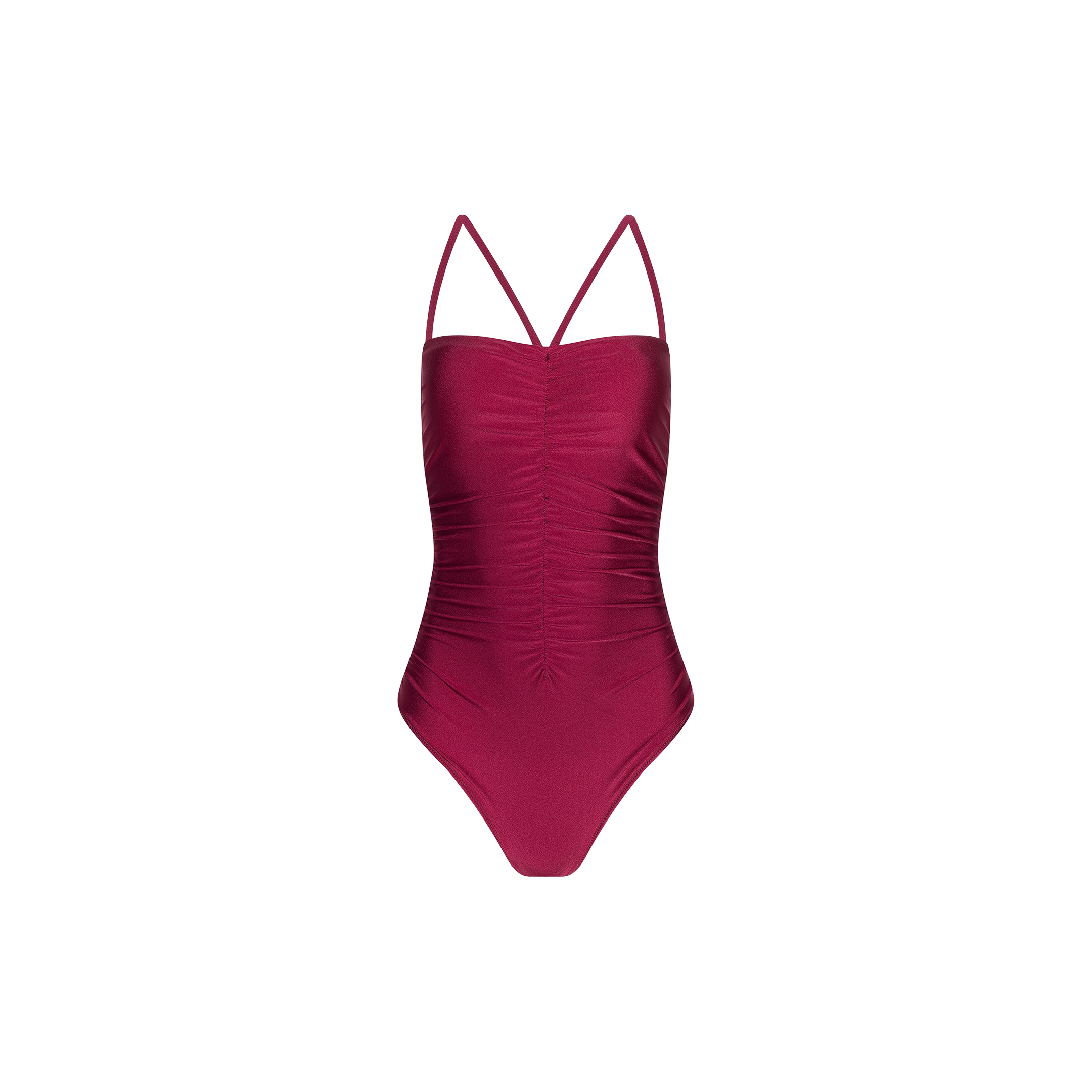 The Aubrey Ruched One-Piece Swimsuit in dark pink features thin shoulder straps and textured shirring down the center front, displayed on a plain white background.