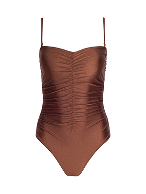 The Aubrey Ruched One-Piece Swimsuit features a bronze shimmer, thin adjustable straps, and front ruched detailing, shown against a plain white background.