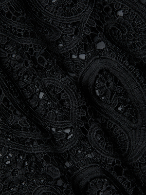 Close-up of the Ansley Cover-Up Dress by L'AGENCE, featuring intricate black lace with swirling floral patterns. Fine embroidery and mesh details create a delicate, semi-sheer texture that lets light filter through the open weave.