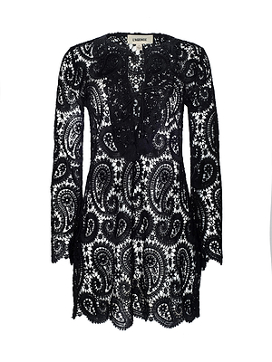 The Ansley Cover-Up Dress by L'AGENCE is a long-sleeve black lace dress with a paisley crochet pattern, rounded neckline, and scalloped hem and cuffs. Its semi-sheer, intricate design makes it the perfect boho coverup for relaxed style.