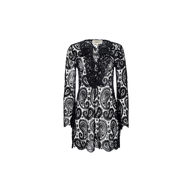 Ansley Cover-Up Dress—a black long-sleeve mini dress with intricate paisley crochet and lace patterns, featuring a scalloped hem and a V-shaped neckline, displayed on a plain white background.