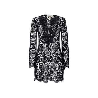 Ansley Cover-Up Dress: A black long-sleeve lace dress featuring a paisley crochet pattern, scalloped hem, and sheer detailing—ideal as a boho cover-up for any occasion. Shown against a plain white background.