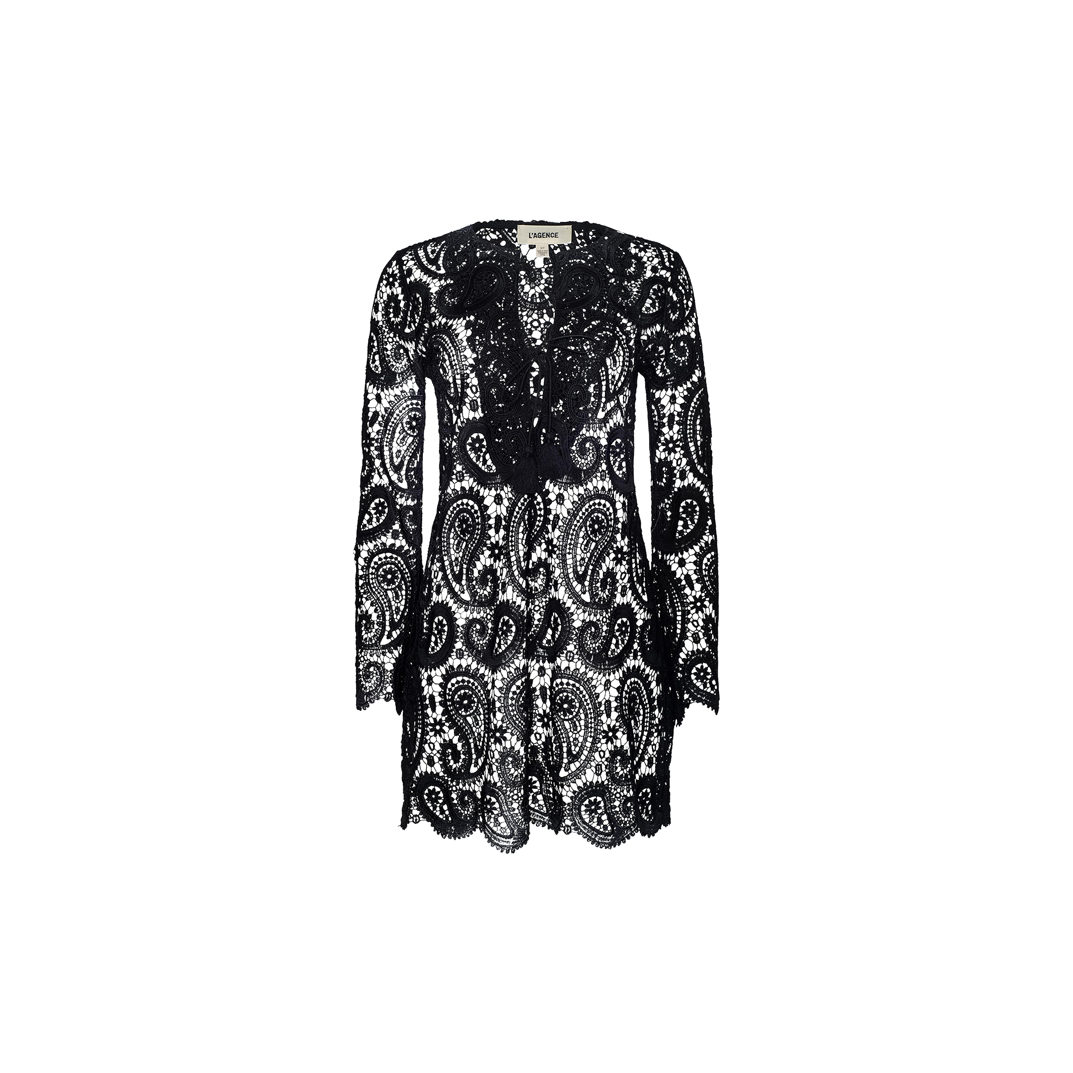Ansley Cover-Up Dress—a black long-sleeve mini dress with intricate paisley crochet and lace patterns, featuring a scalloped hem and a V-shaped neckline, displayed on a plain white background.