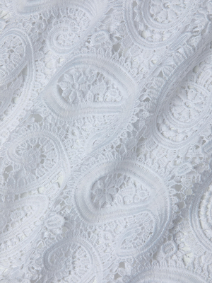 Close-up of the Ansley Cover-Up Dress by L'AGENCE, featuring white lace with intricate paisley and floral embroidery and a slightly raised texture—ideal for a boho-inspired look.