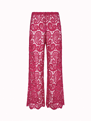 The Geraldine Cover-Up Pant features bright pink sheer paisley lace, a slightly flared wide leg, and a scalloped hem, shown against a plain white background.