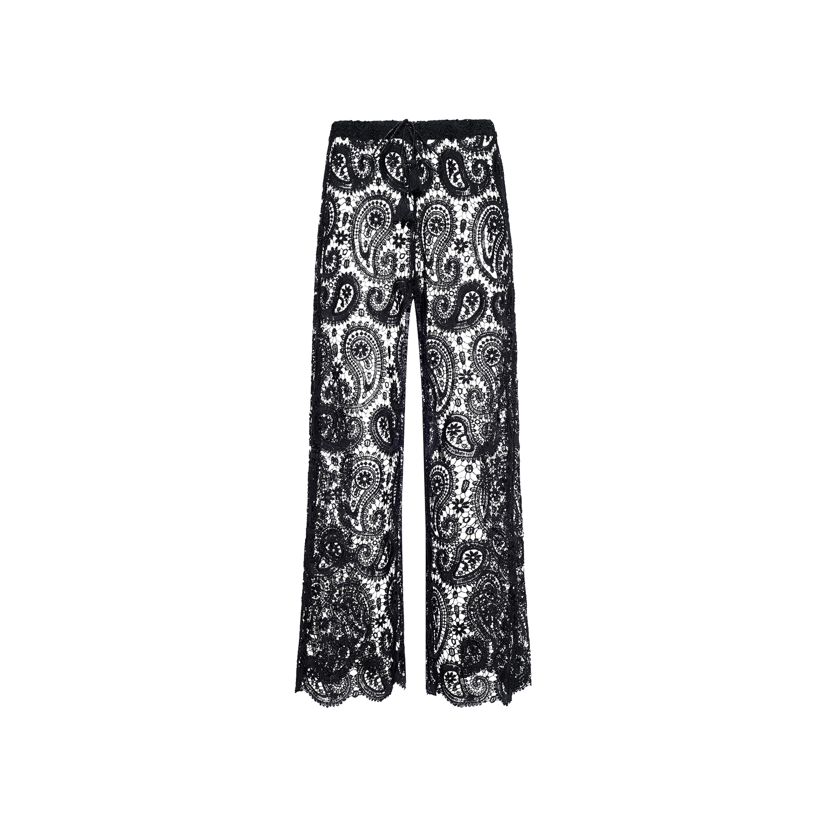 Geraldine Cover-Up Pant featuring a black wide-leg bohemian style with a paisley crochet pattern, sheer sections, and scalloped hems, displayed on a plain white background.