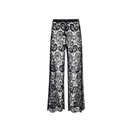 Geraldine Cover-Up Pant featuring a black wide-leg bohemian style with a paisley crochet pattern, sheer sections, and scalloped hems, displayed on a plain white background.